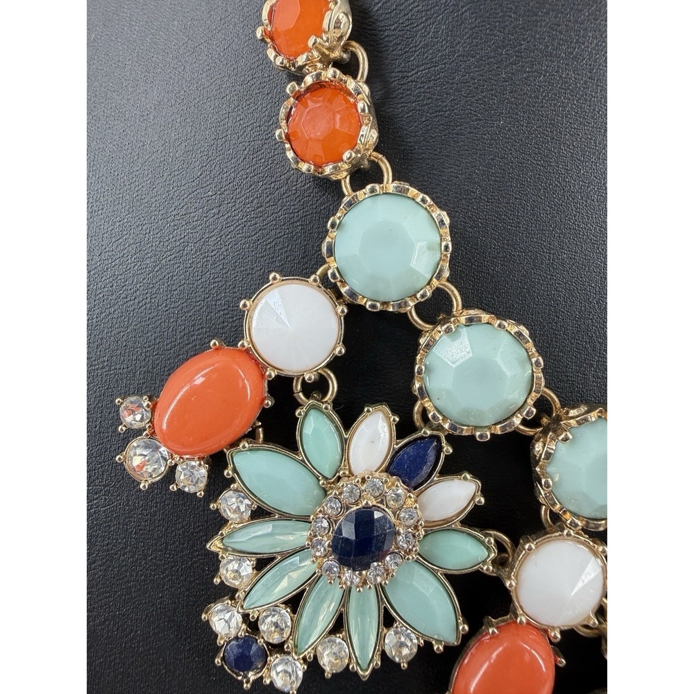 Chunky Bib Statement Necklace Gold Tone Teal Orange White crystal Floral - Picture 8 of 8